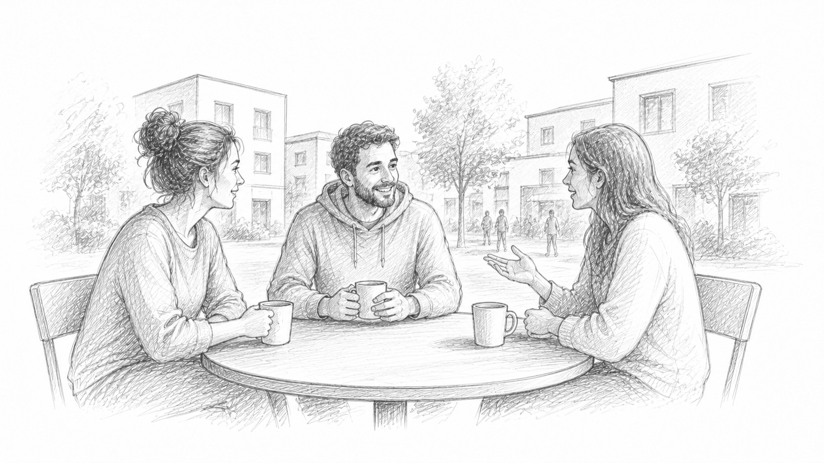 Drei Freunde Beim Kaffee Im Stadtviertel Iresa Education Paedagogische Kaffepause Sozialraum Gestalten